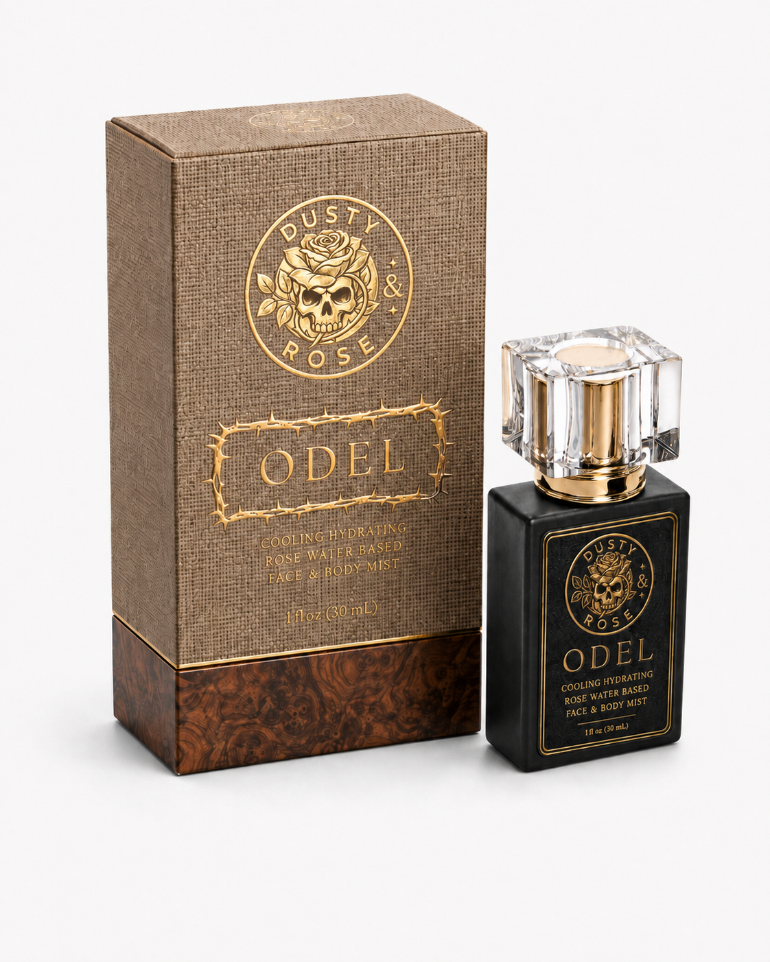 Dusty & Rose ODEL bottle and burlap Thuya burl presentation box